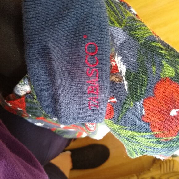 90s Tabasco Polo Shirt blue with red with hibiscus flowers - Picture 4 of 5